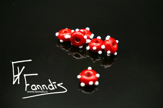 Glerperla Mið rauður með hvítum doppum / Glass bead Medium red white dots