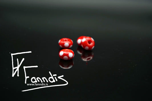 Glerperla Mið Rauður með hvítum doppum / Glass bead Medium red with white dots