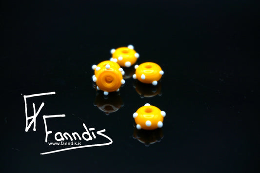 Glerperla Mið Sítrónugulur með hvítum doppum / Glass bead Mid lemon yellow white dots