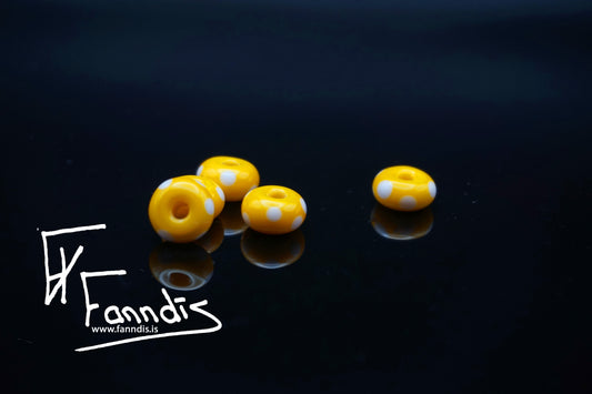Glerperla Mið sítrónugulur með hvítum doppum / Glass bead Mid lemon yellow with white dots