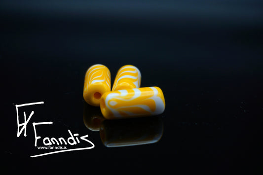 Glerperla Mið Sítrónugulur með hvítri fjöðrun / Glass bead Med lemon yellow with white feathering