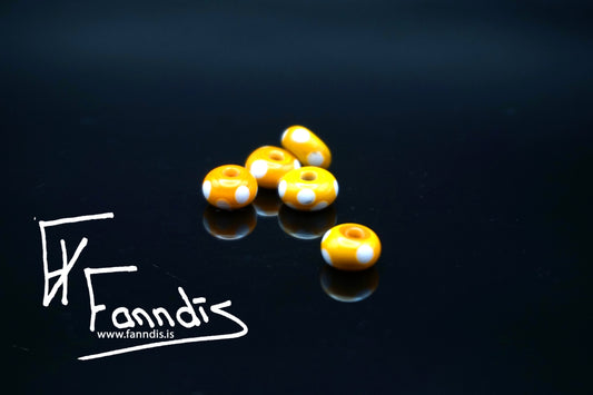 Glerperla Gulur Ockra með hvítum doppum / Glass bead Yellow Ochre with white dots
