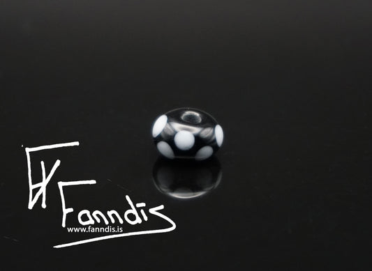 Glerperla Svart með hvítum doppum / Glass bead Black with white dots